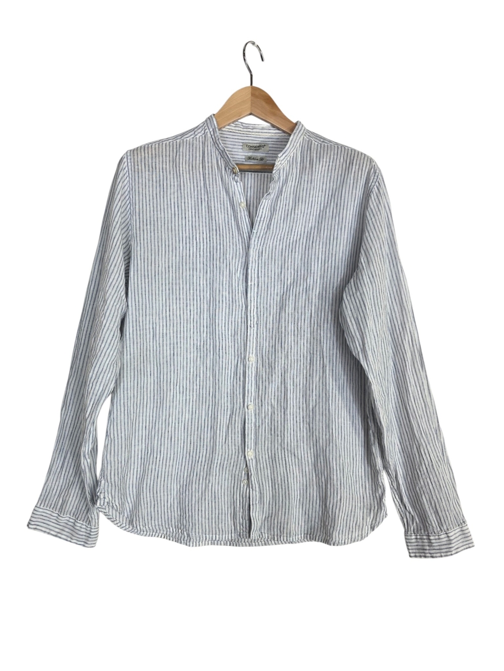 Consenso Italian Linen Men's Blue and White Stripe Band-Collar Button-Down Shirt